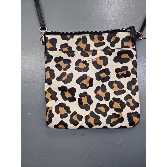 Coach Small Crossbody Bag Beige Leopard Print Leather Adjustable Strap Lined - Picture 2 of 10
